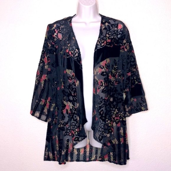 Floral Kimono Sheer/Velvet Short Coverup